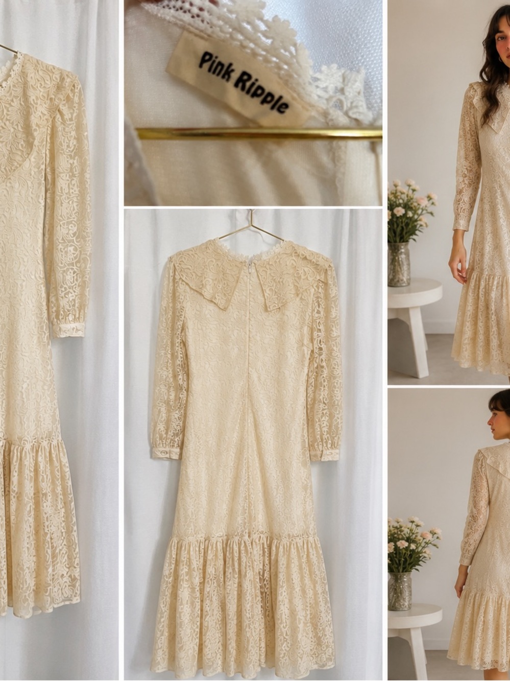 Pink Ripple Cream Lace Midi Dress with Scalloped Collar